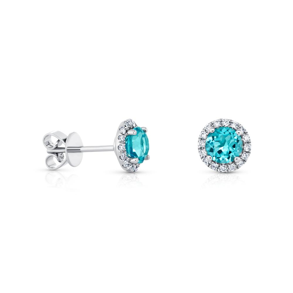 View Swiss Blue Diamond Halo Earrings