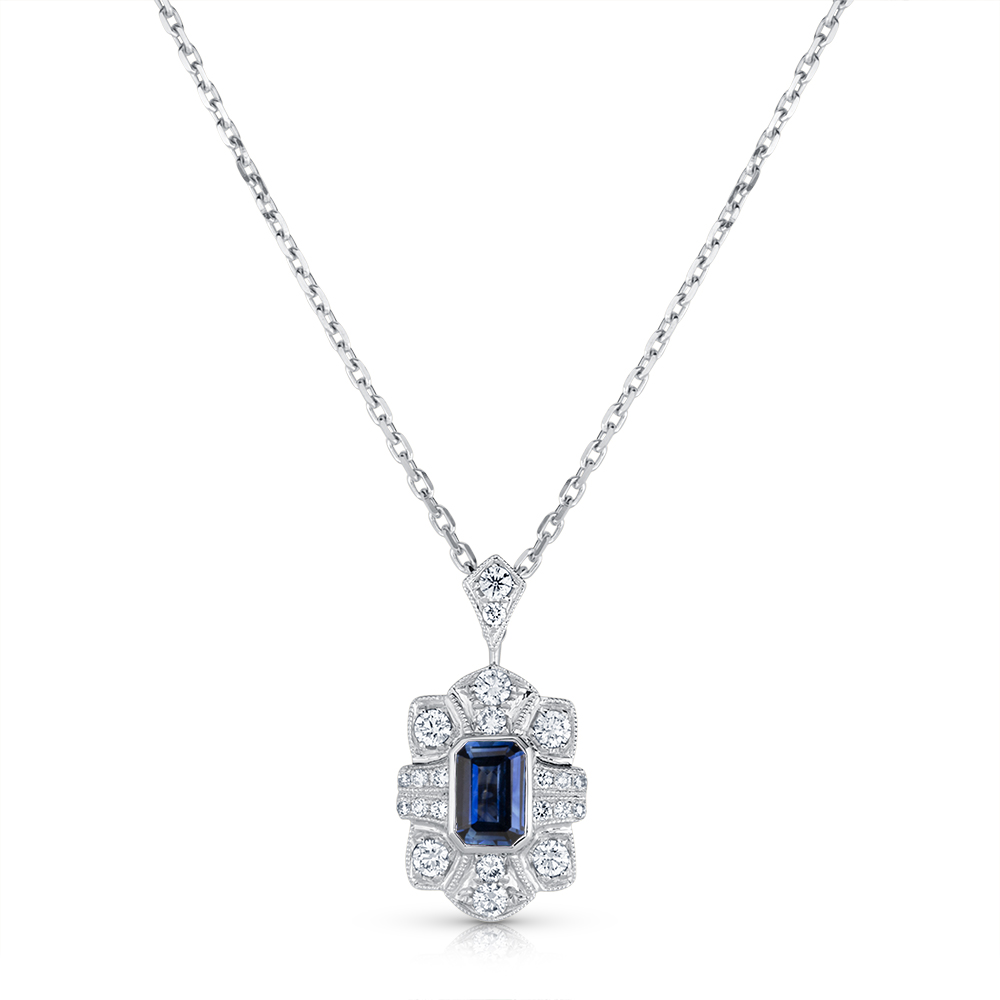 View E/C Sapphire And Diamond Antique Style Pendant With Chain