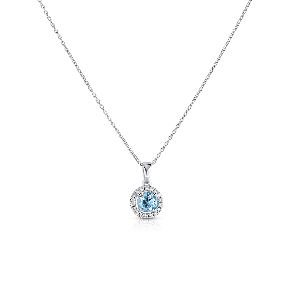 View Rd. Aquamarine And Diamond Halo Pendant With Chain