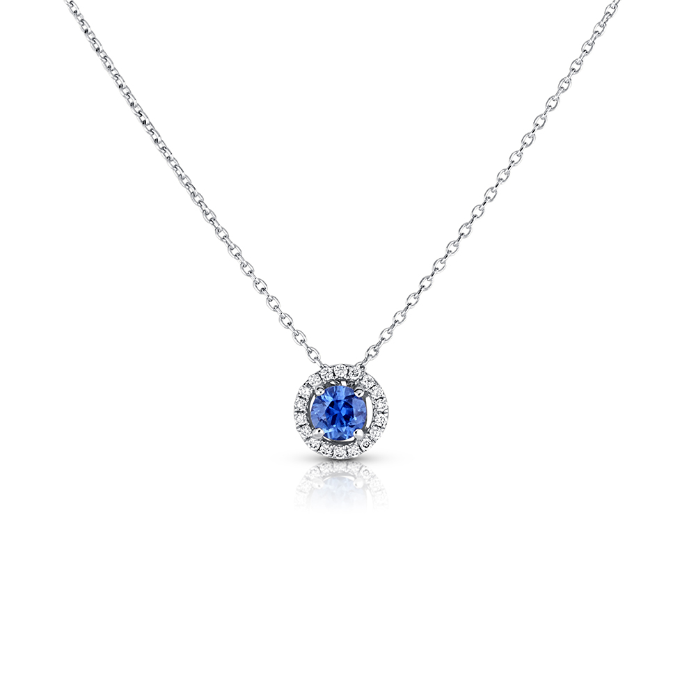 View Sapphire And Diamond Halo Pendant With Chain