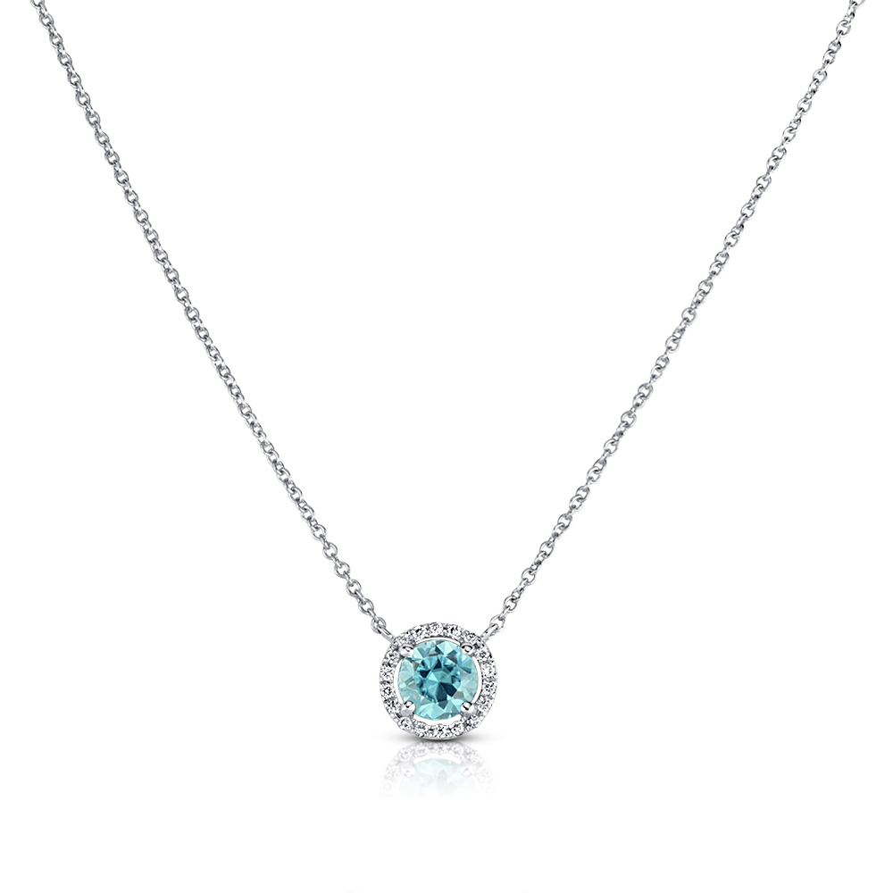 View Blue Zircon and Diamond Halo With Chain