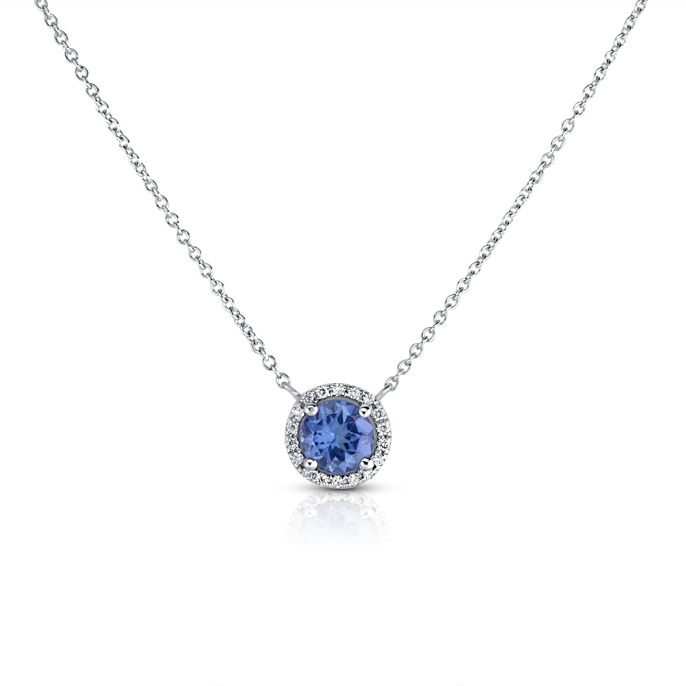 View Tanzanite And Diamond Halo Pendant With Chain