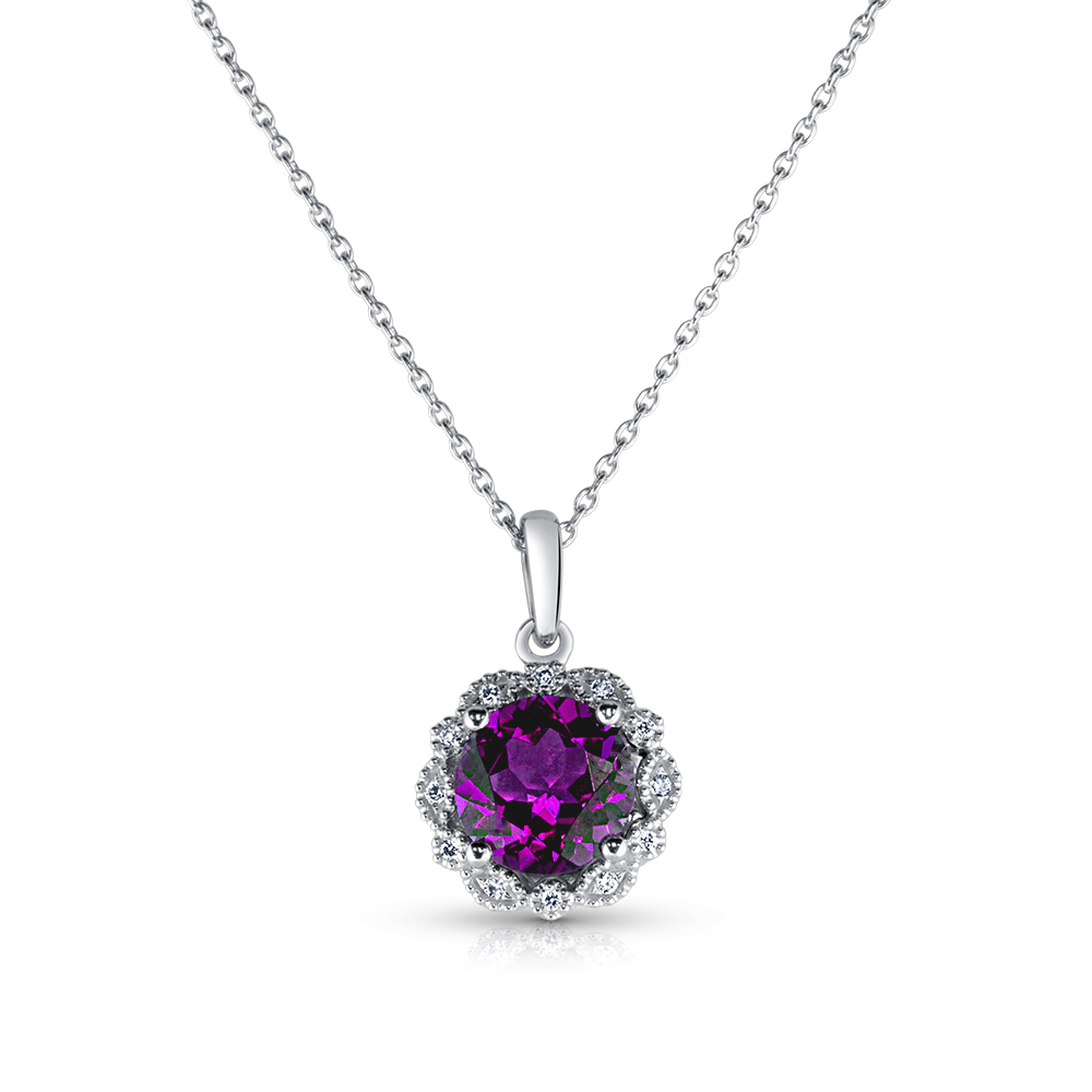 View Amethyst And Diamond Halo Pendant With Chain