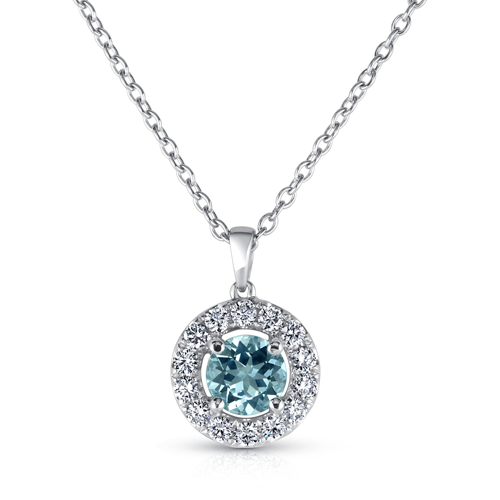 View Aquamarine And Diamond Halo Pendant With Chain