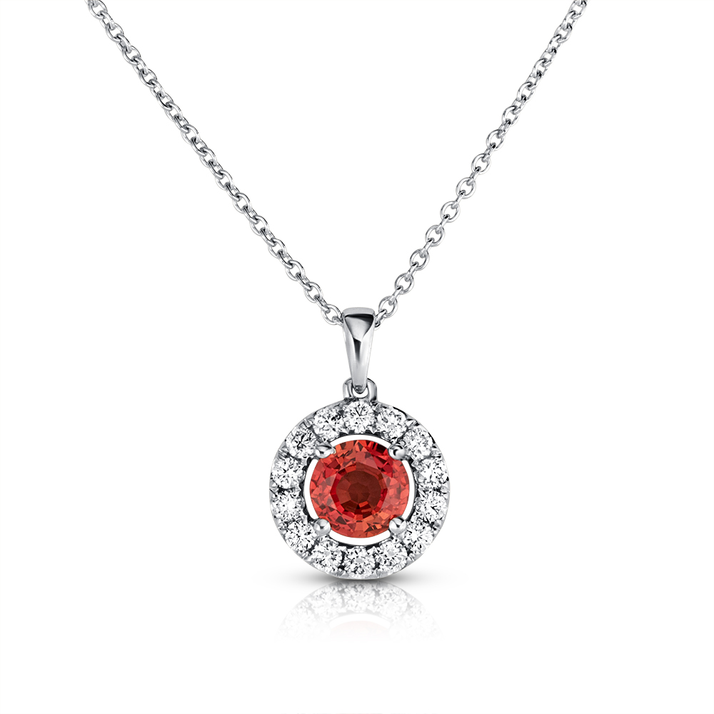 View Red Sapphire And Diamond Halo Pendant With Chain