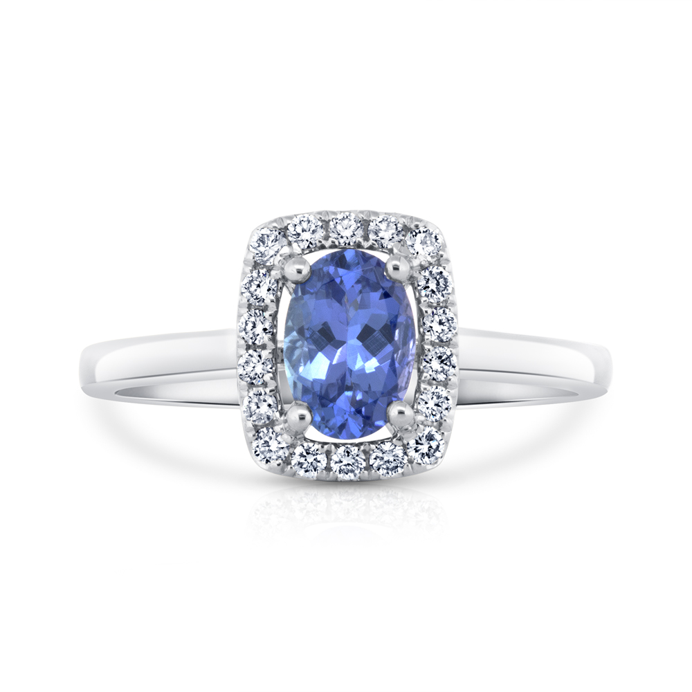 View Oval Tanzanite And Cushion Diamond Halo Ring