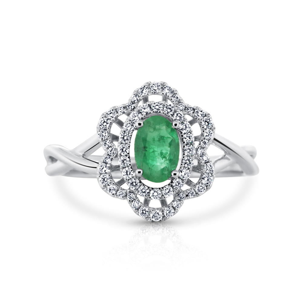 View Emerald Diamond Double Halo Wave Ring For 6x4 Ctr.