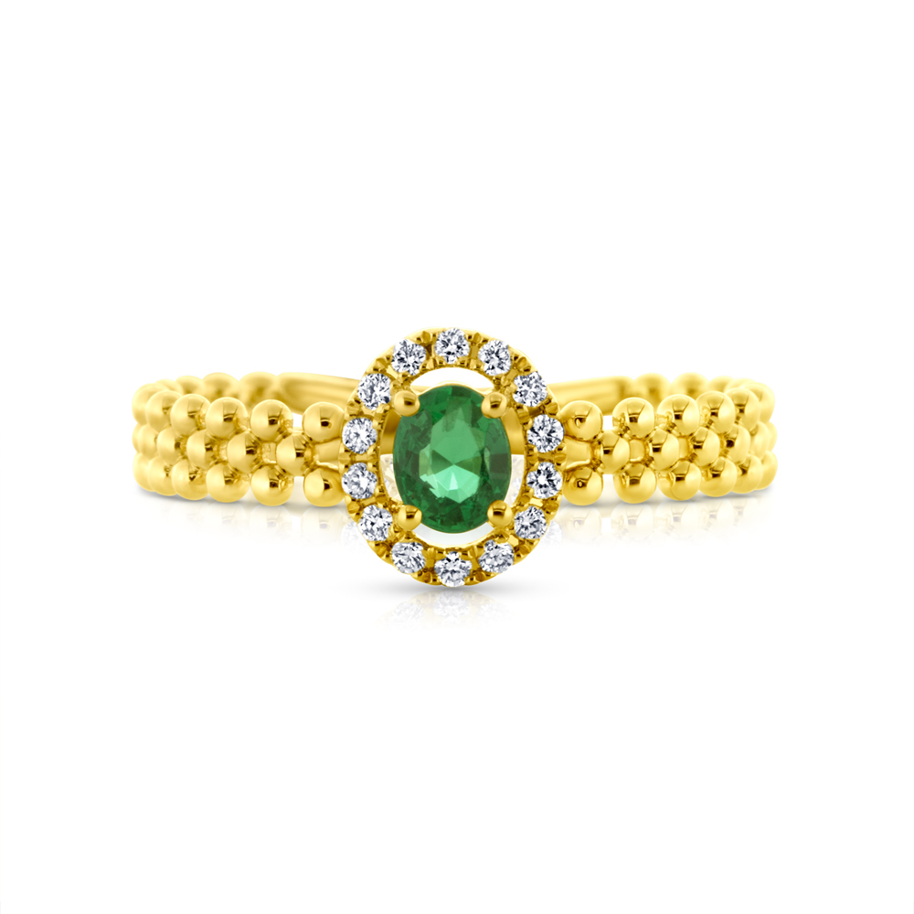 View Oval Emerald And Diamond Halo With Beaded Shank Ring