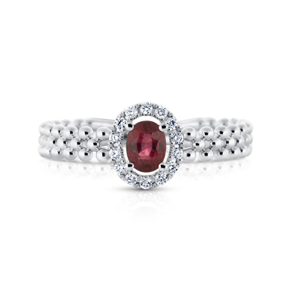 View Oval Ruby And Diamond Halo With Beaded Shank Ring