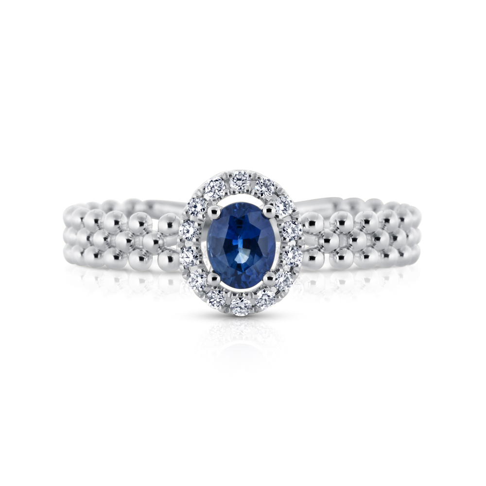 View Oval Sapphire And Diamond Halo With Beaded Shank Ring