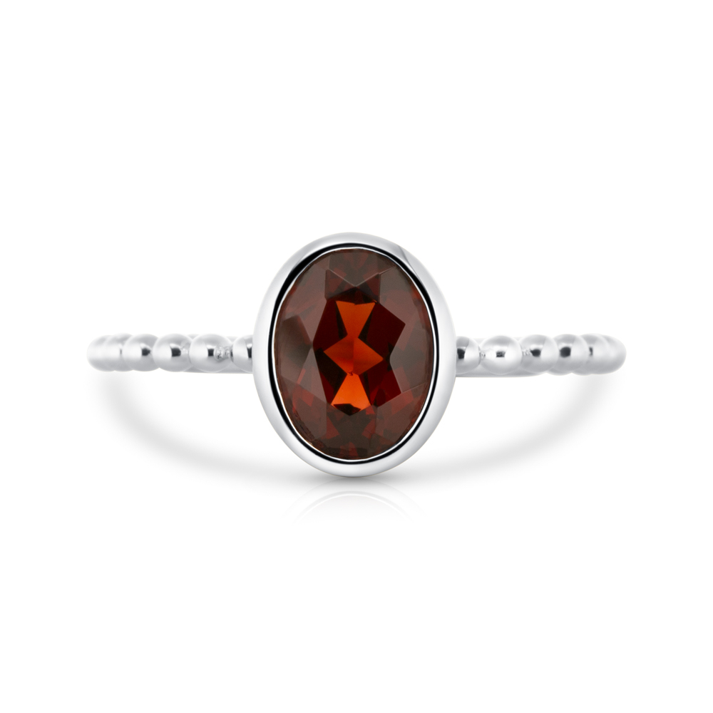 View Oval Garnet Bezel Set With Beaded Shank Ring