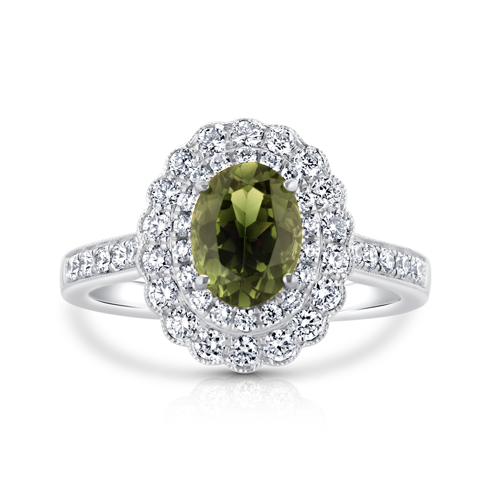 View Green Sapphire And Diamond 7.5x5.5 Oval Halo Ring