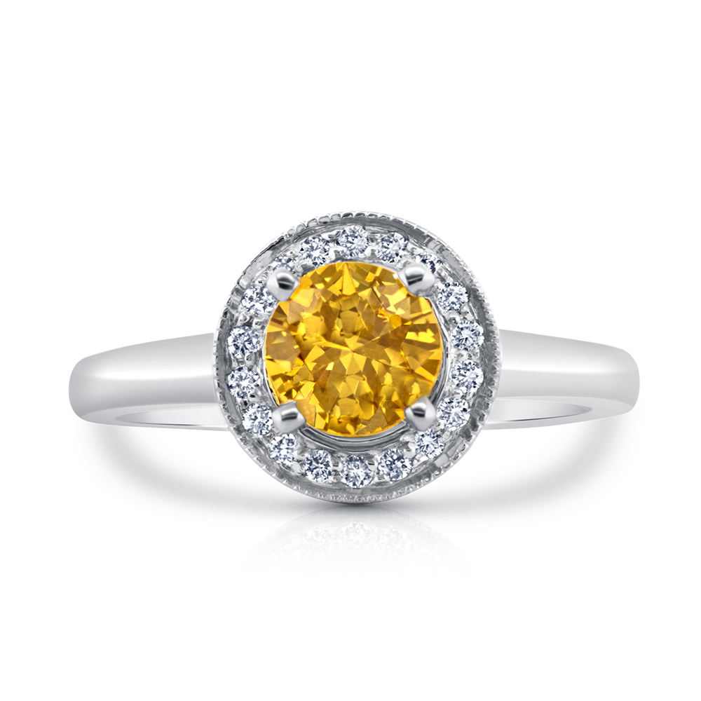 View Yellow Sapphire And Diamond Halo Ring